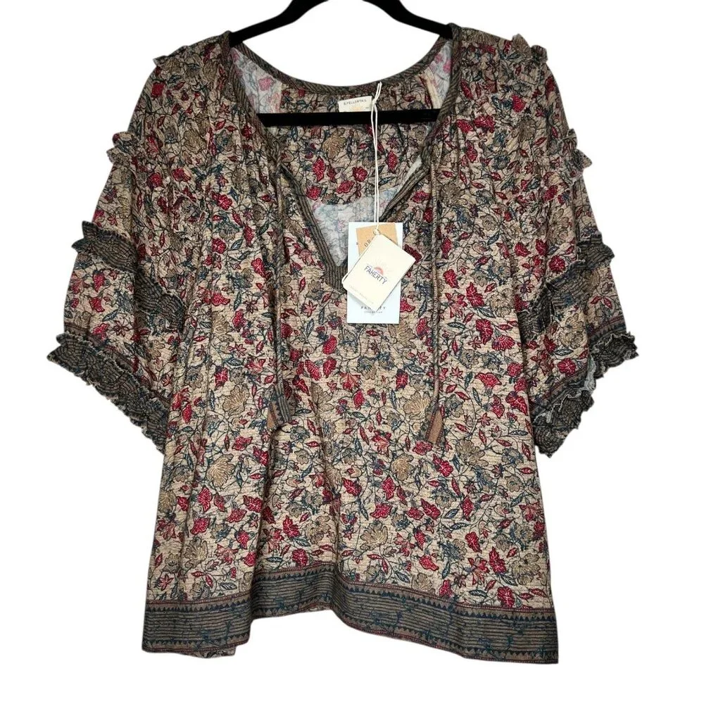 Faherty B. Yellowtail Womens Floral Ruffle Trim Bodhi Top Blouse Size L  NEW - Picture 2 of 11
